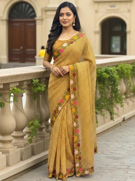 Bandhani Printed Cotton Silk Saree with Embroidery Work Border Cotton Sarees