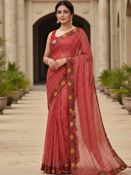 Bandhani Printed Cotton Silk Saree with Embroidery Work Border Cotton Sarees
