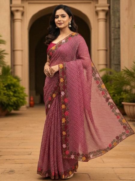 Bandhani Printed Cotton Silk Saree with Embroidery Work Border Cotton Sarees