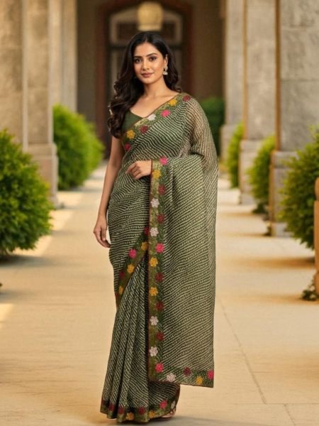 Bandhani Printed Cotton Silk Saree with Embroidery Work Border Daily Deals