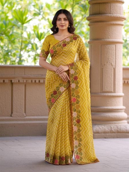 Bandhani Printed Cotton Silk Saree with Embroidery Work Border Cotton Sarees