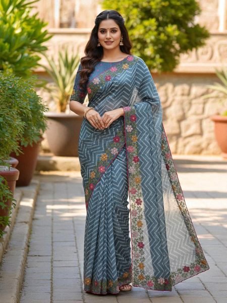 Bandhani Printed Cotton Silk Saree with Embroidery Work Border Cotton Sarees