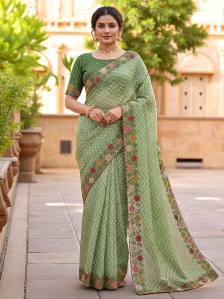 Bandhani Printed Cotton Silk Saree with Embroidery Work Border Cotton Sarees