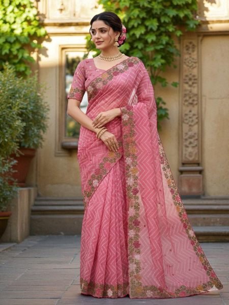 Bandhani Printed Cotton Silk Saree with Embroidery Work Border Cotton Sarees