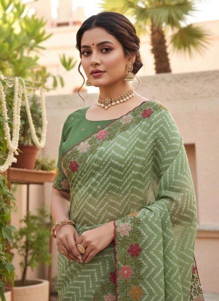 Bandhani Printed Cotton Silk Saree with Embroidery Work Border Cotton Sarees