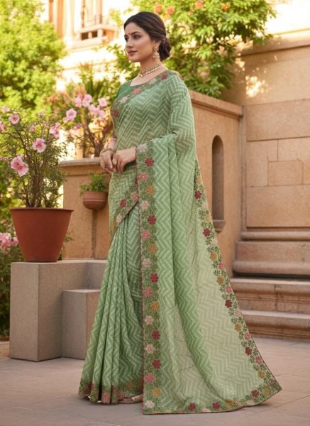 Bandhani Printed Cotton Silk Saree with Embroidery Work Border Cotton Sarees