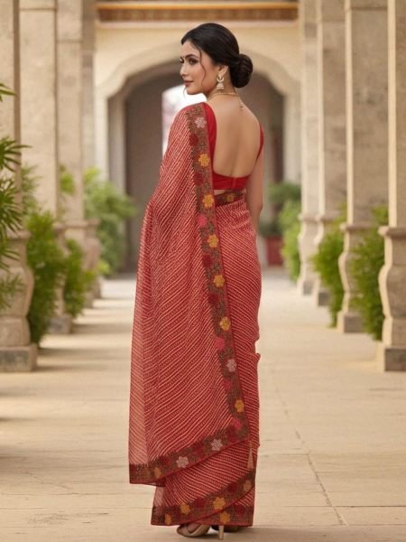 Bandhani Printed Cotton Silk Saree with Embroidery Work Border Cotton Sarees