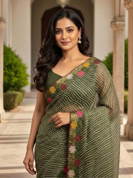 Bandhani Printed Cotton Silk Saree with Embroidery Work Border Cotton Sarees