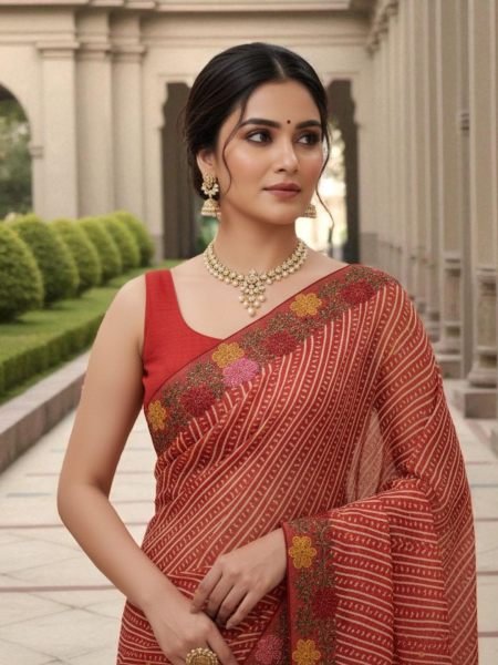 Bandhani Printed Cotton Silk Saree with Embroidery Work Border Cotton Sarees