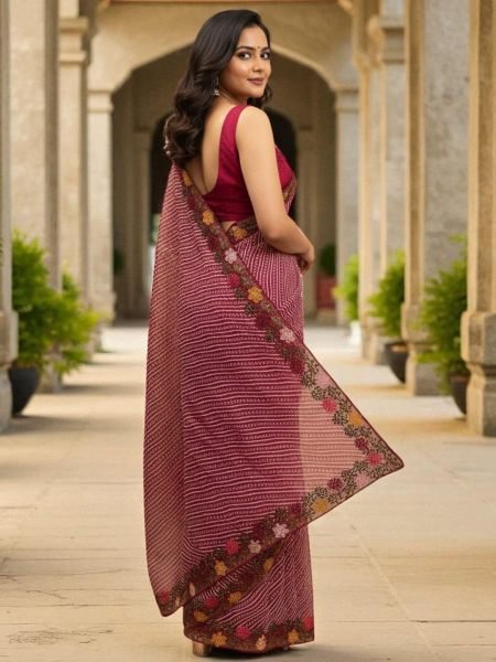 Bandhani Printed Cotton Silk Saree with Embroidery Work Border Cotton Sarees