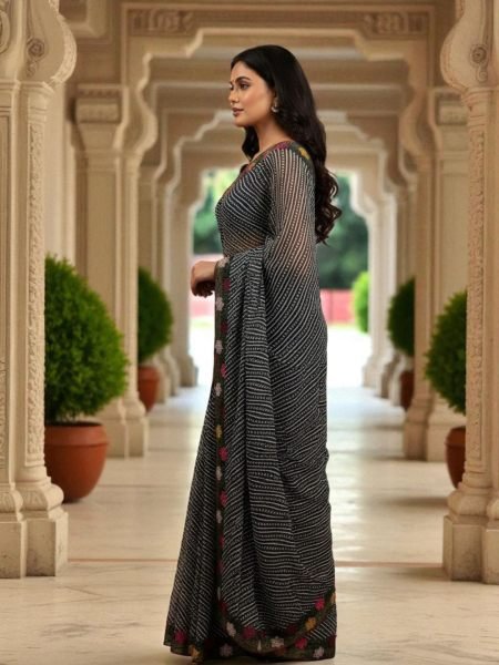 Bandhani Printed Cotton Silk Saree with Embroidery Work Border Cotton Sarees