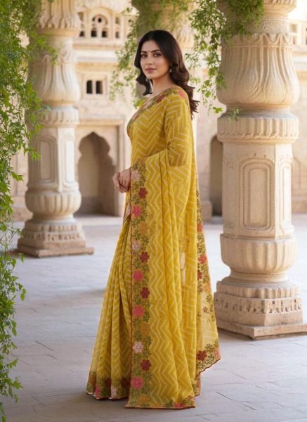 Bandhani Printed Cotton Silk Saree with Embroidery Work Border Cotton Sarees