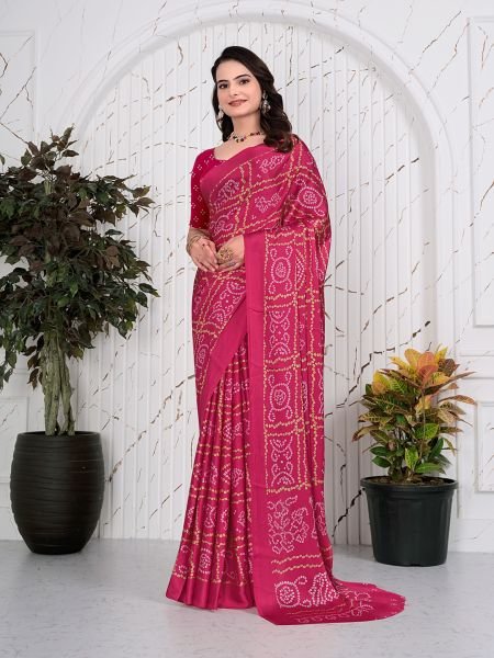 Bandhani Printed Satin Silk Saree for Party Look Printed Sarees