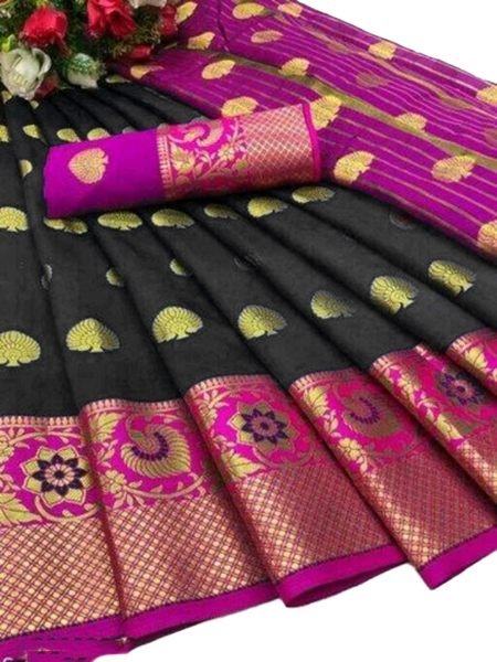 Black Cotton Silk Banarasi Saree with Zari Woven Jacquard for Festive Wear Sale