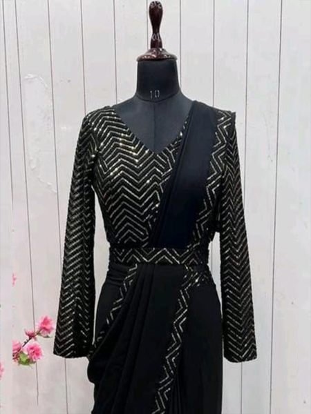 Black Embroidered Sequence Chinon Solid Plain Belted Saree Designer Sarees