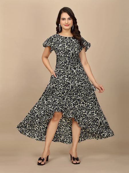 Black Floral Elegance High Low Ruffle Hemline Crape Dress with Butterfly Sleeves Dresses