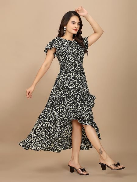 Black Floral Elegance High Low Ruffle Hemline Crape Dress with Butterfly Sleeves Dresses