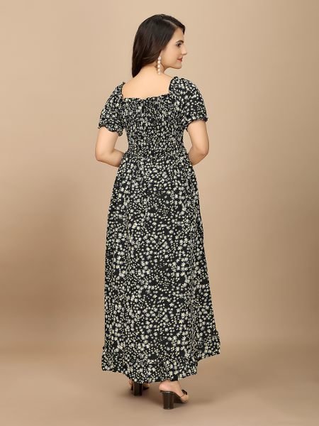 Black Floral Elegance Puff Sleeve High Low Maxi Dress with Elastic Closure Dresses