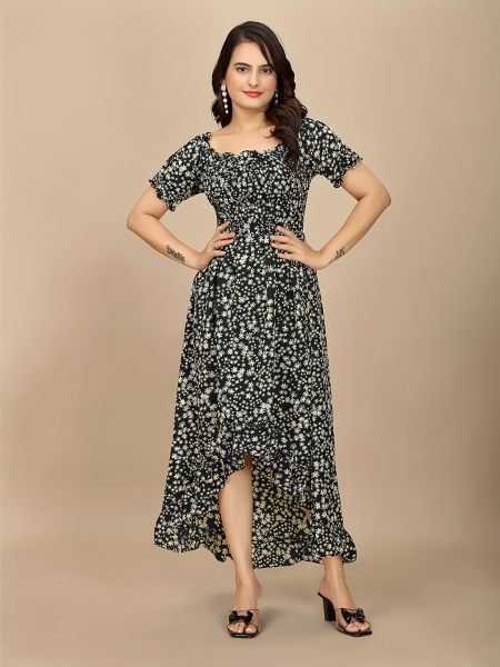 Black Floral Elegance Puff Sleeve High Low Maxi Dress with Elastic Closure Dresses