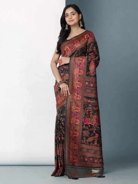 Black Floral Printed Woven Zari Pashmina Saree Banarasi Sarees