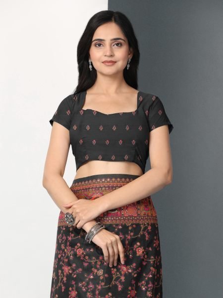 Black Floral Printed Woven Zari Pashmina Saree Banarasi Sarees