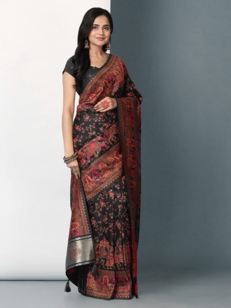 Black Floral Printed Woven Zari Pashmina Saree Banarasi Sarees