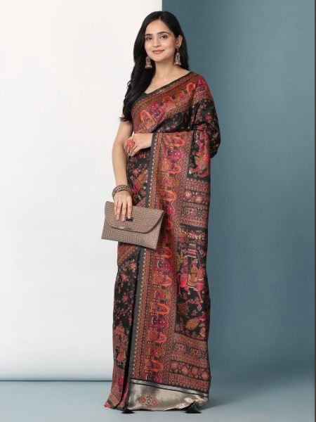 Black Floral Printed Woven Zari Pashmina Saree Banarasi Sarees