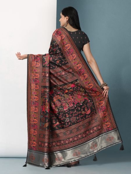 Black Floral Printed Woven Zari Pashmina Saree Banarasi Sarees