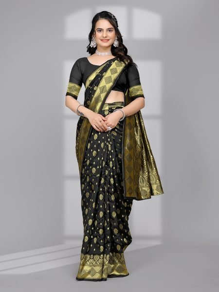 Black Ready to Wear Woven Banarasi Jacquard Pure Silk Saree Designer Sarees