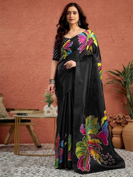 Black Silk Crepe Saree with Neon Batik Floral Print and Polka Dot Blouse 