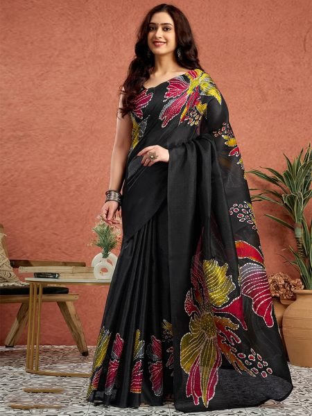 Black Silk Crepe Saree with Neon Batik Floral Print and Polka Dot Blouse 