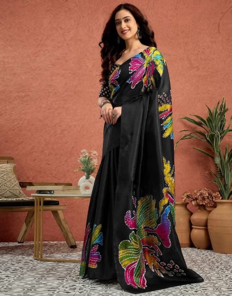 Black Silk Crepe Saree with Neon Batik Floral Print and Polka Dot Blouse Printed Sarees