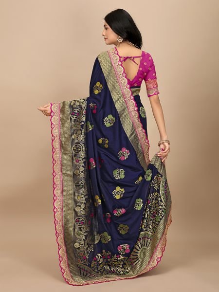 Blue Dola Silk Kanjivaram Saree with Jacquard Work and Embroidered Lace Border Kanjivaram Sarees