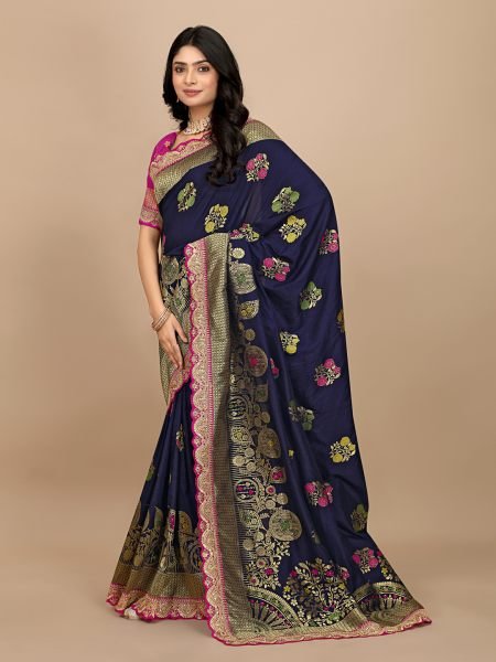 Blue Dola Silk Kanjivaram Saree with Jacquard Work and Embroidered Lace Border Kanjivaram Sarees