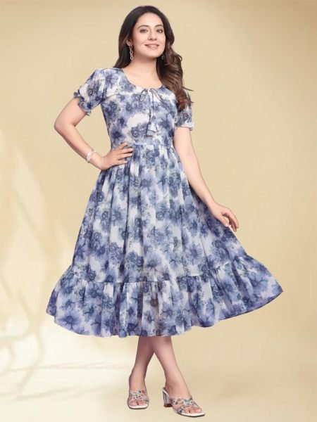 Blue Georgette Floral Print Maxi Dress with Puff Sleeves and Flared Jalar Design for Elegant Parties Western Wear