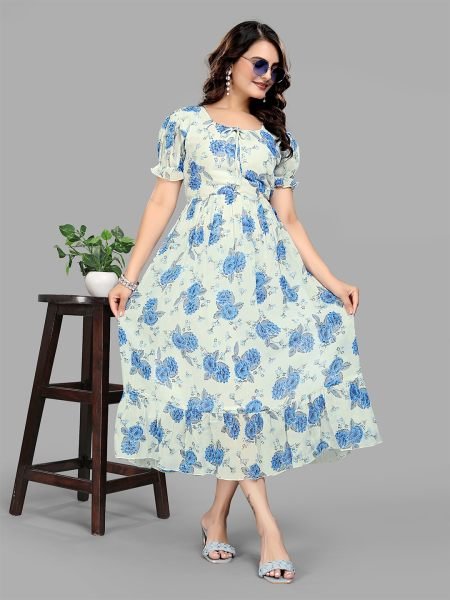 Blue Georgette Floral Print Puff Sleeve Maxi Dress for Stunning Party Looks 