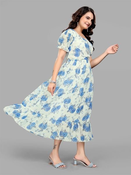 Blue Georgette Floral Print Puff Sleeve Maxi Dress for Stunning Party Looks Dresses