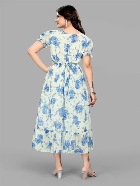 Blue Georgette Floral Print Puff Sleeve Maxi Dress for Stunning Party Looks Dresses