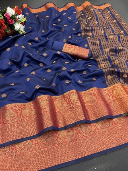 Blue Soft Silk Banarasi Saree with Gold Zari Jacquard Detailing Sale