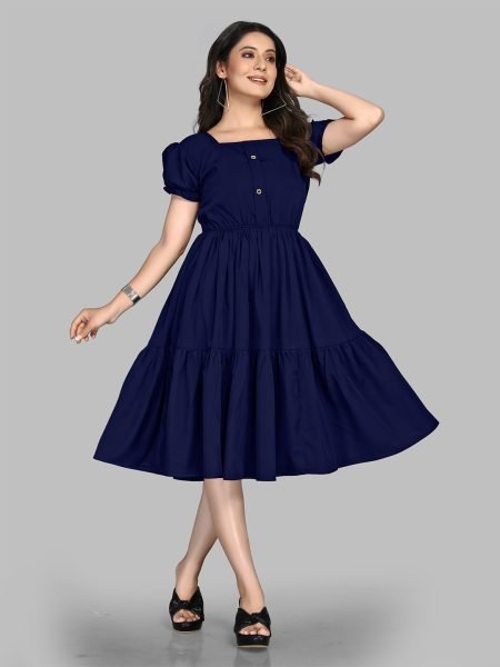 Blue Stylish Crape Solid Button Closure Layered Fit and Flare Dress with Puff Sleeves