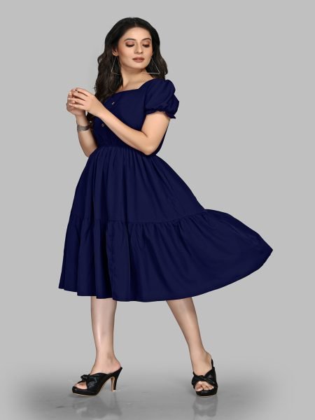Blue Stylish Crape Solid Button Closure Layered Fit and Flare Dress with Puff Sleeves Dresses