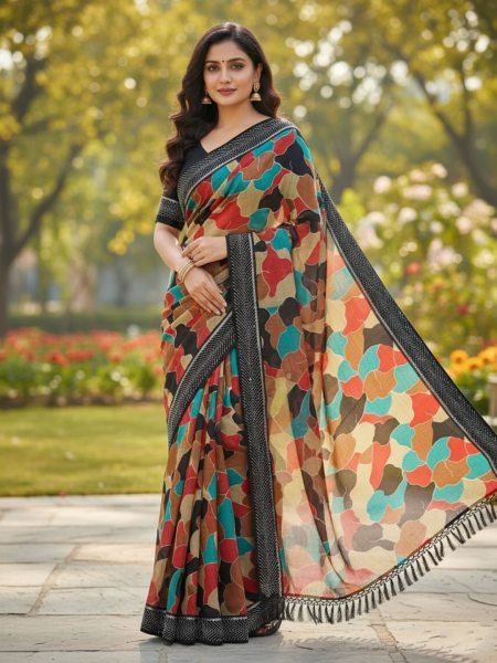 Border Swarovski Diamond Work Abstract Printed Chiffon Saree Saree