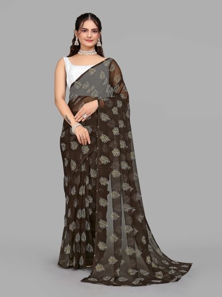 Brown Floral Print Ready To Wear Daily Saree Ready To Wear Sarees