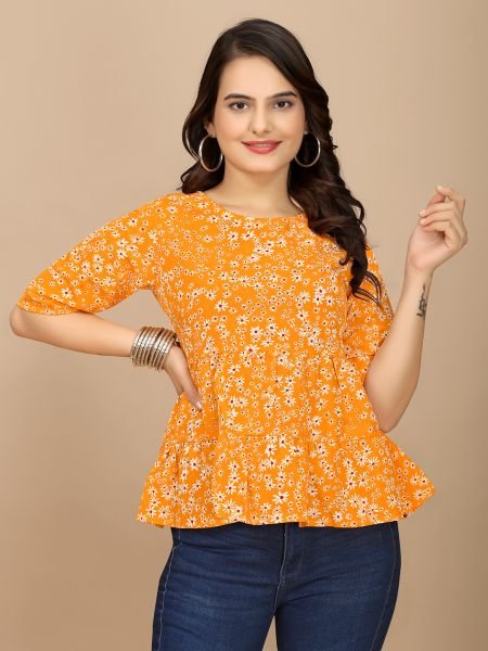 Chic Orange Floral Print Boat Neck Crepe Crop Top with Half Sleeves Western Wear