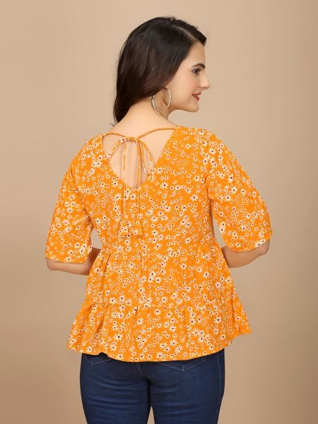Chic Orange Floral Print Boat Neck Crepe Crop Top with Half Sleeves Tops & Tshirts