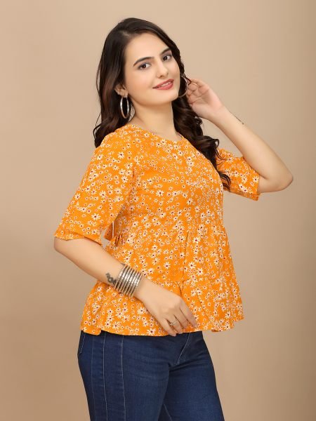 Chic Orange Floral Print Boat Neck Crepe Crop Top with Half Sleeves Tops & Tshirts