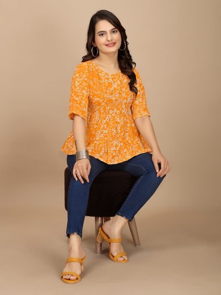 Chic Orange Floral Print Boat Neck Crepe Crop Top with Half Sleeves Tops & Tshirts