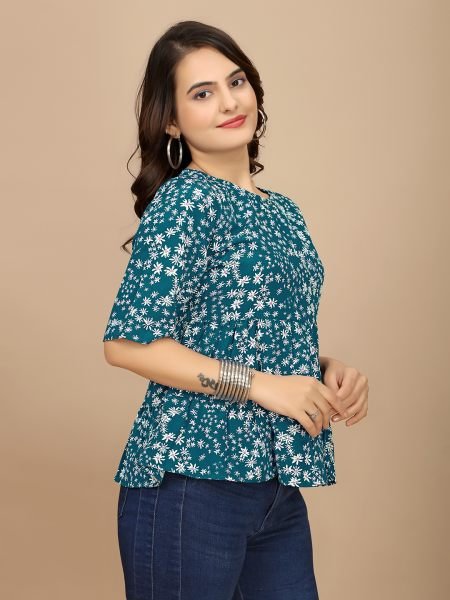 Chic Rama Floral Print Boat Neck Crepe Crop Top with Half Sleeves Tops & Tshirts