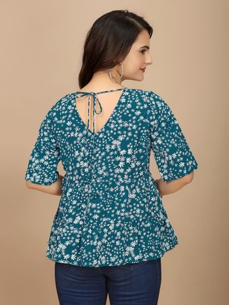 Chic Rama Floral Print Boat Neck Crepe Crop Top with Half Sleeves Tops & Tshirts