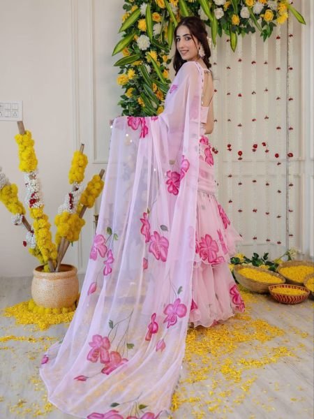 Chic Tabby Silk Pink Lehenga Saree With Digital Print And Lace Dupatta Designer Sarees